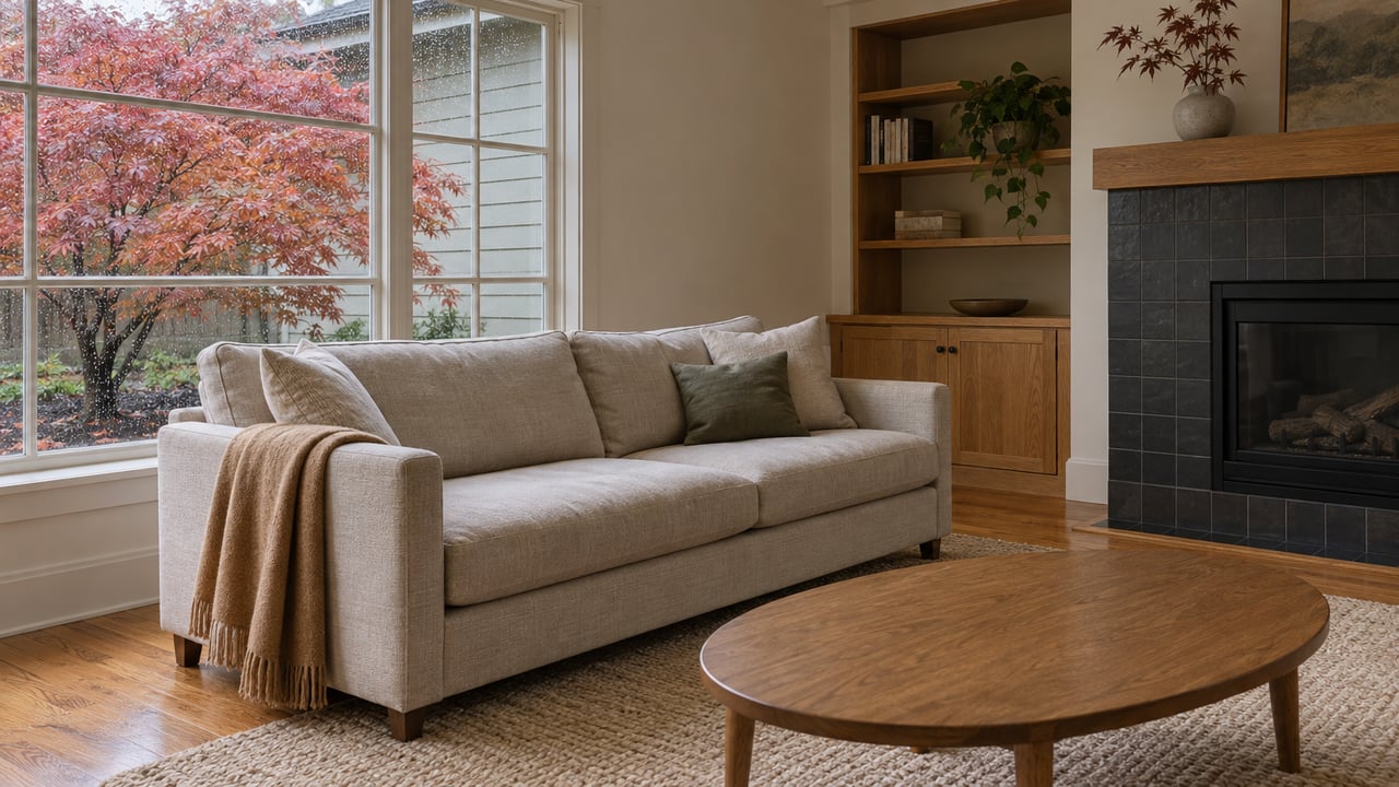 Rainy daylight fills a warm living room with an oatmeal sofa, oak floors, charcoal tiled fireplace, and a window overlooking a copper-red Japanese maple.