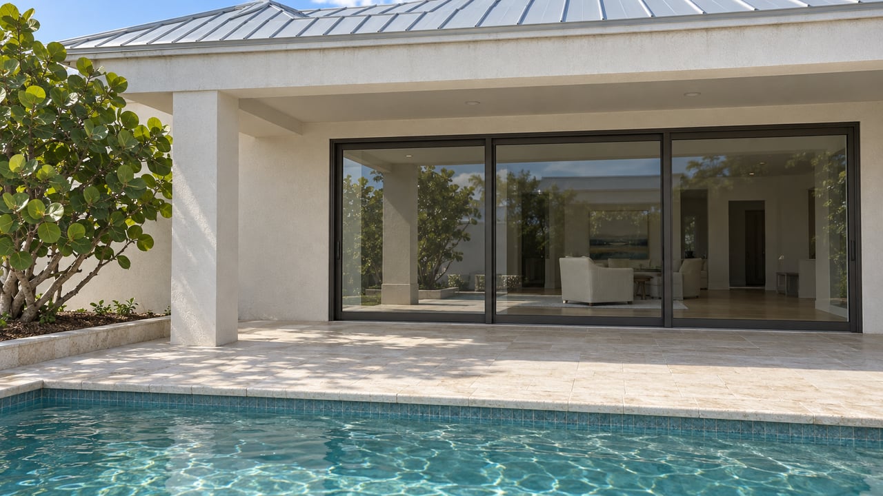 Sunlit stucco home with bronze-framed sliding glass doors, limestone pool coping, and a sculptural sea grape tree.