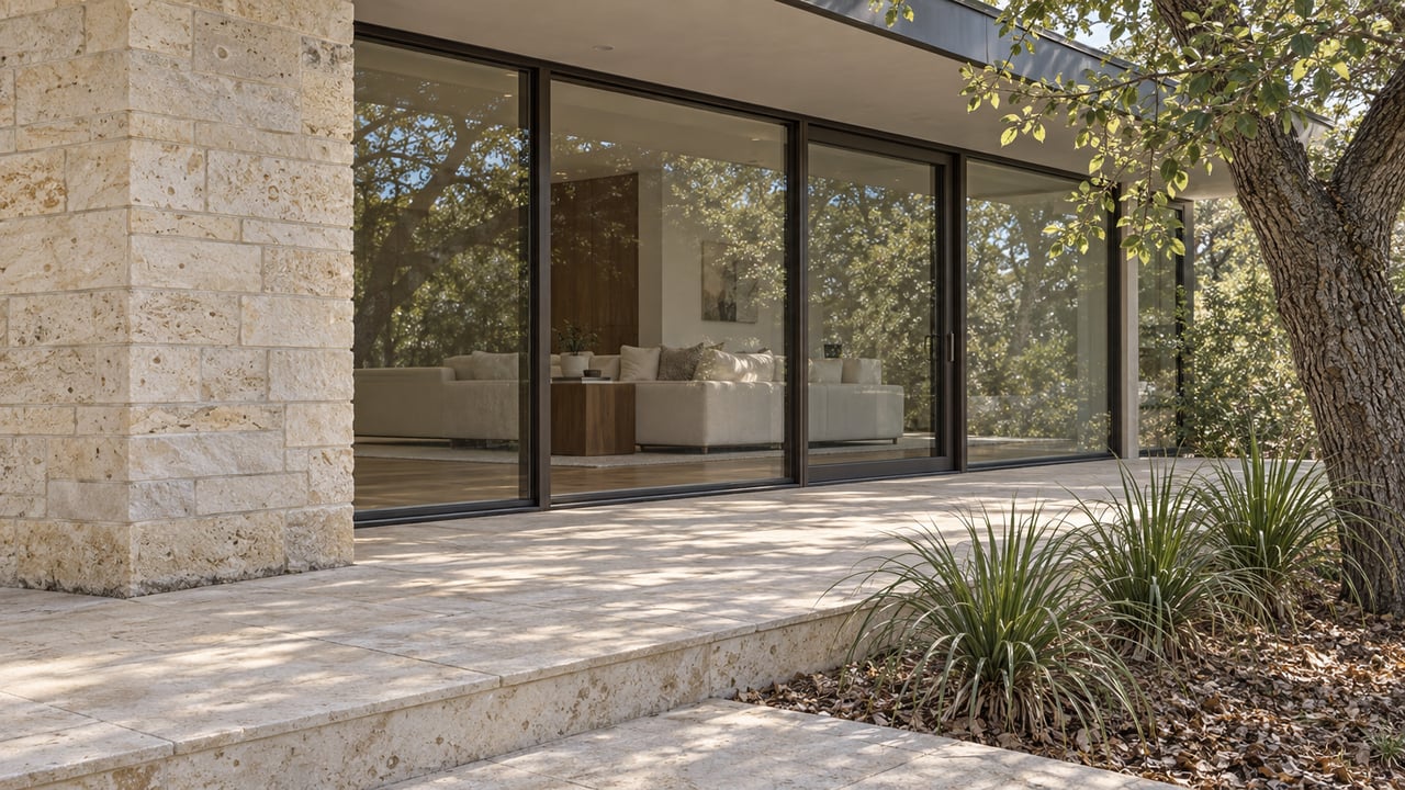 Limestone terrace and bronze-framed glass doors beside a mature oak and drought-adapted planting.