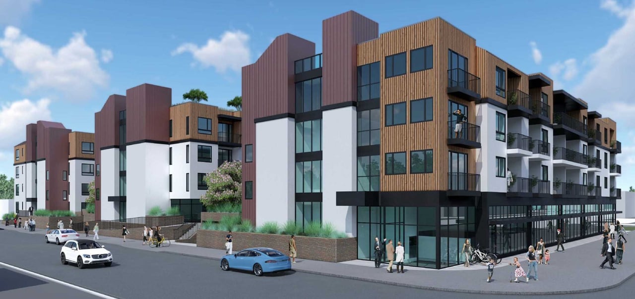 Rendering of proposed mixed-use development at 16955 Sherman Way in Lake Balboa with 111 residential units and ground-floor retail