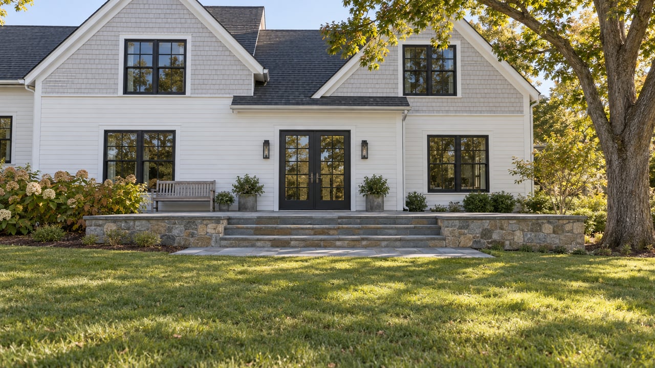 White two-story house with black-framed windows, stone steps, and autumn trees.