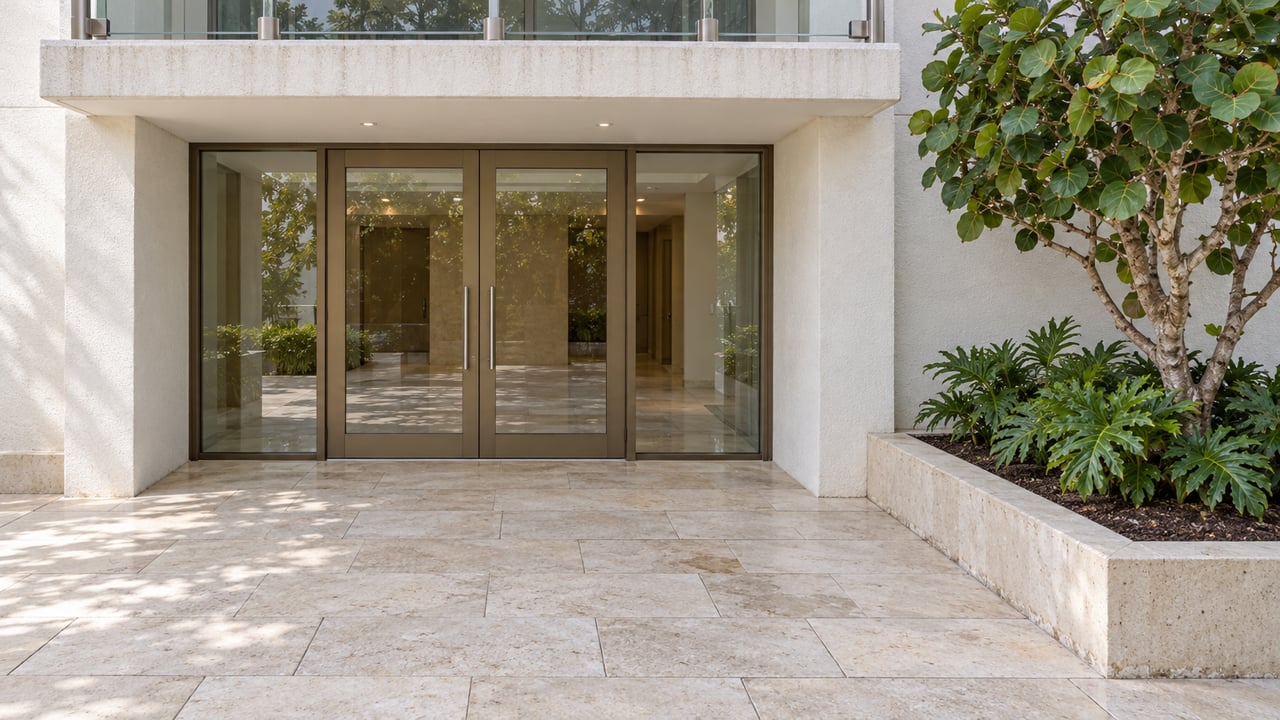 Pale condominium entrance with bronze-framed glass doors, limestone paving, and a raised sea grape planting bed in soft daylight.