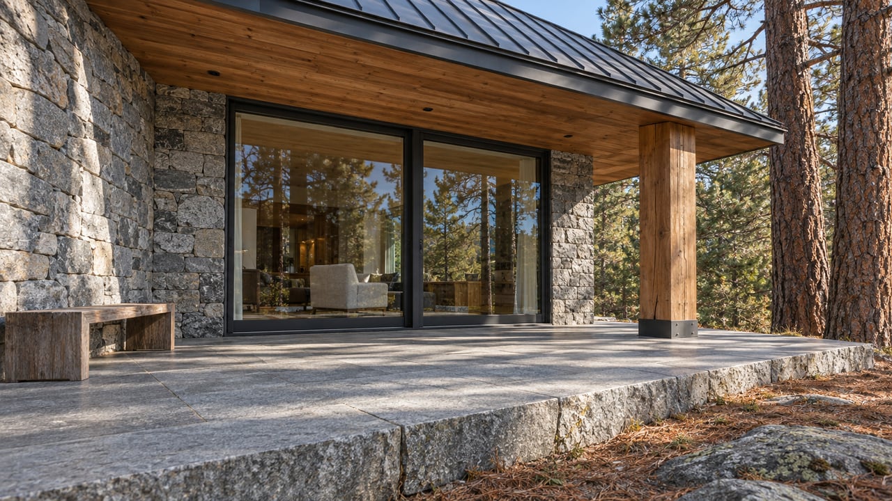 Covered timber-and-stone terrace with tall glazed doors, granite paving, and mature pine trunks beside a forest-set home.