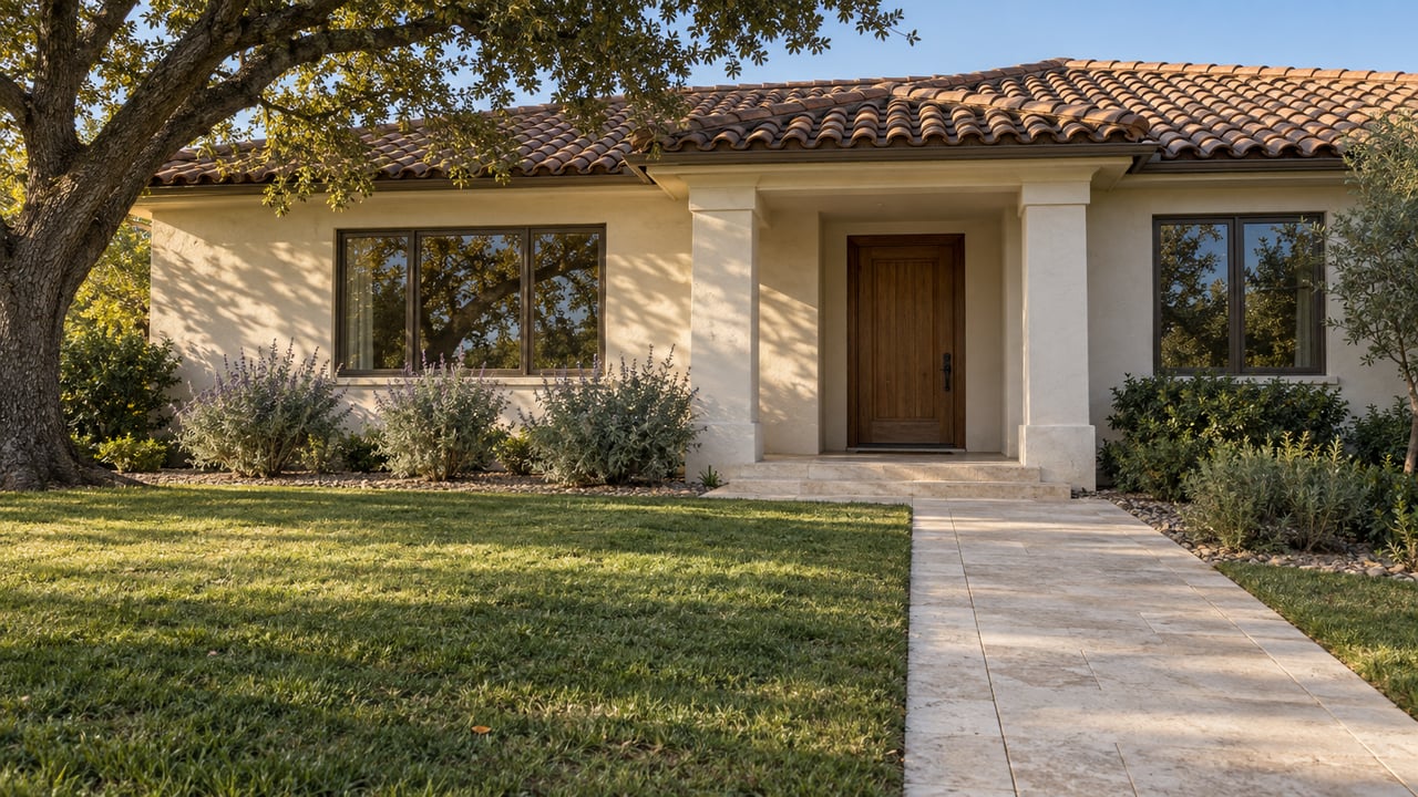 Cream-stucco home with terracotta roof, oak entry door, limestone walkway and mature oak beside a front lawn.