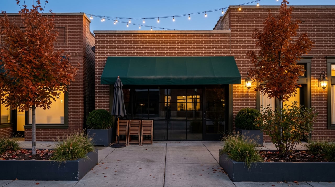 Brick storefront with a green awning, glowing windows, orange-red trees, and string lights at dusk.