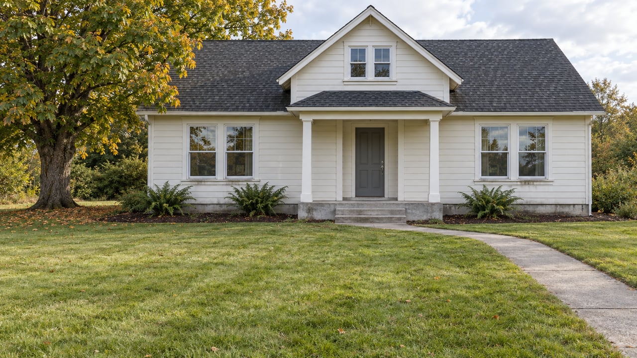 An off-white gabled home with a covered entry, broad front lawn and a mature maple in soft autumn morning light.