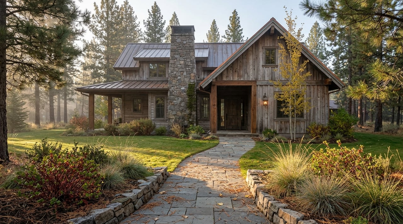 Two-story mountain home with timber posts, stone chimney, silver-brown siding, and a golden aspen beside the entry.