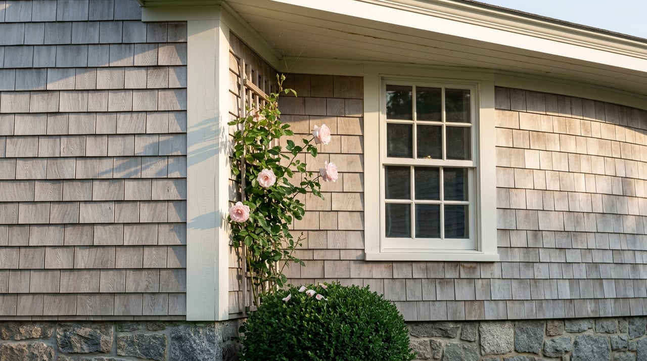 Coastal home's weathered shingle corner with a divided-lite window, clipped boxwood, and pale pink climbing roses.