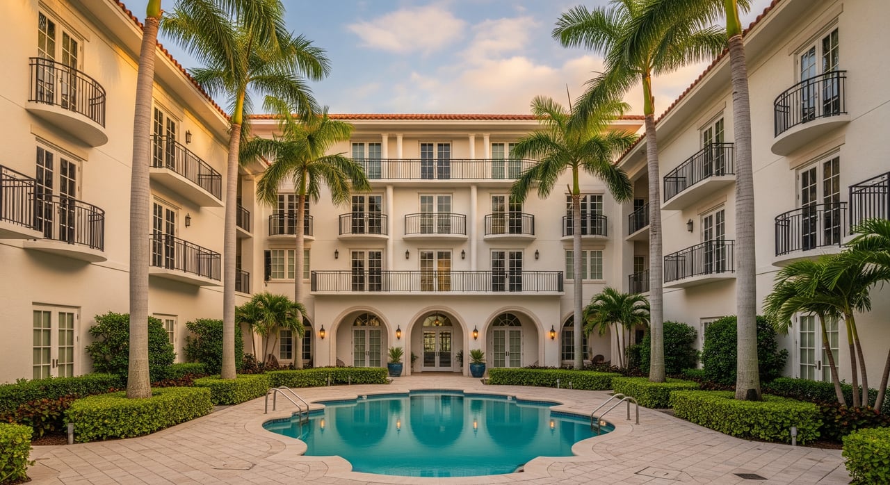 Turquoise courtyard pool surrounded by palm trees and a cream-colored hotel with balconies.