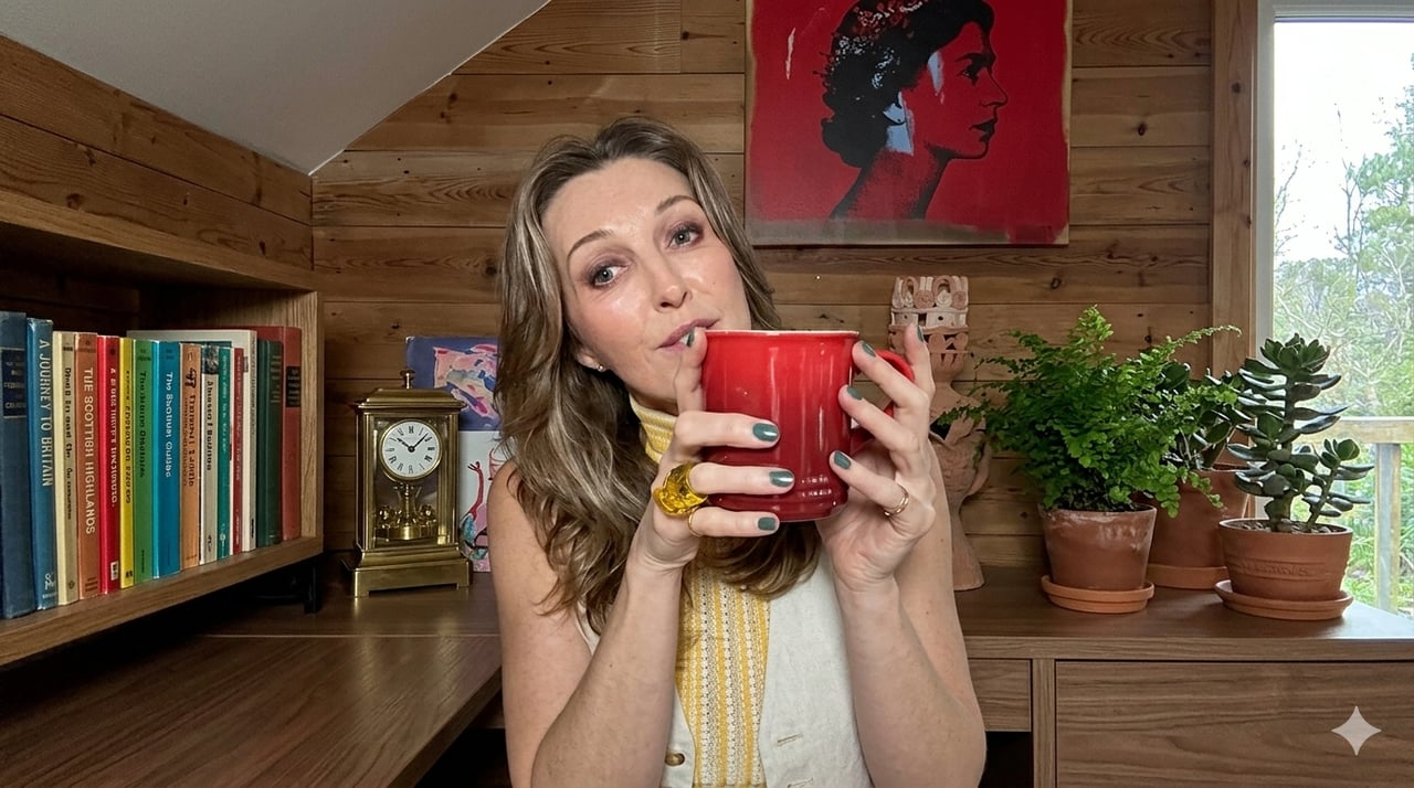A woman holding a red mug in a wood-paneled room with books and plants.