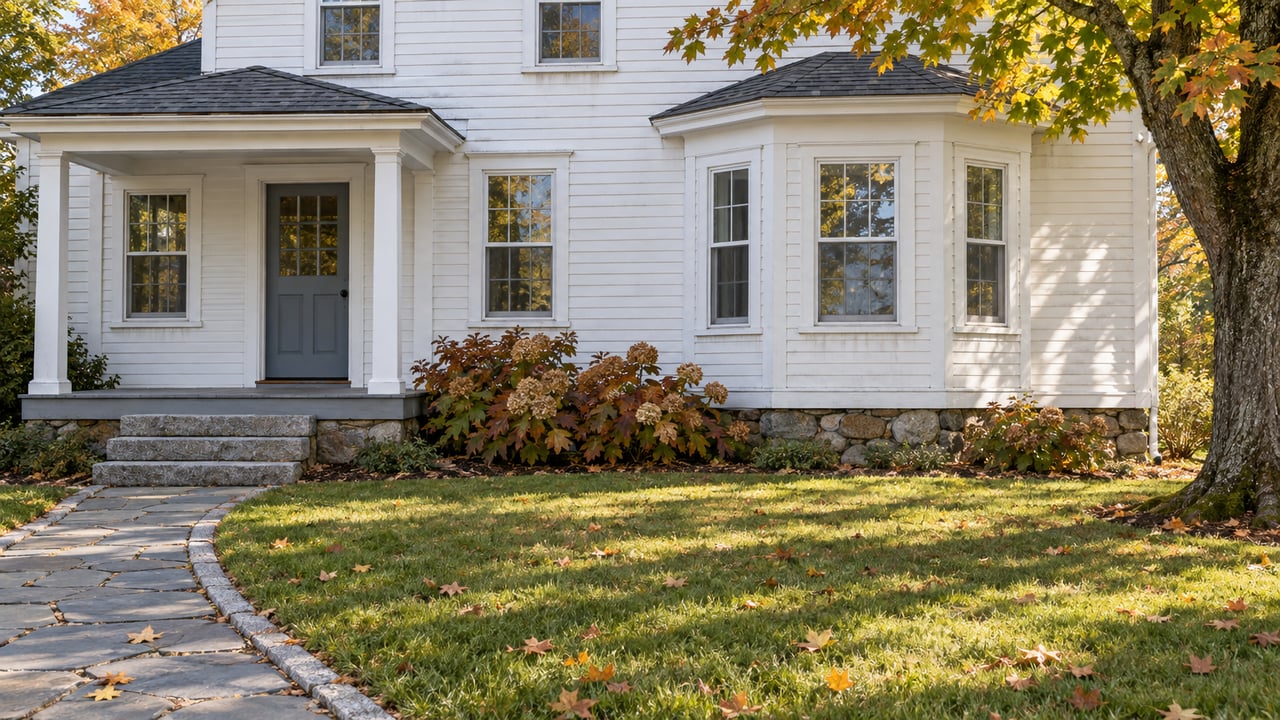 White clapboard house with a blue front door, granite steps, a curved stone walk and an amber-leaved maple beside the lawn.