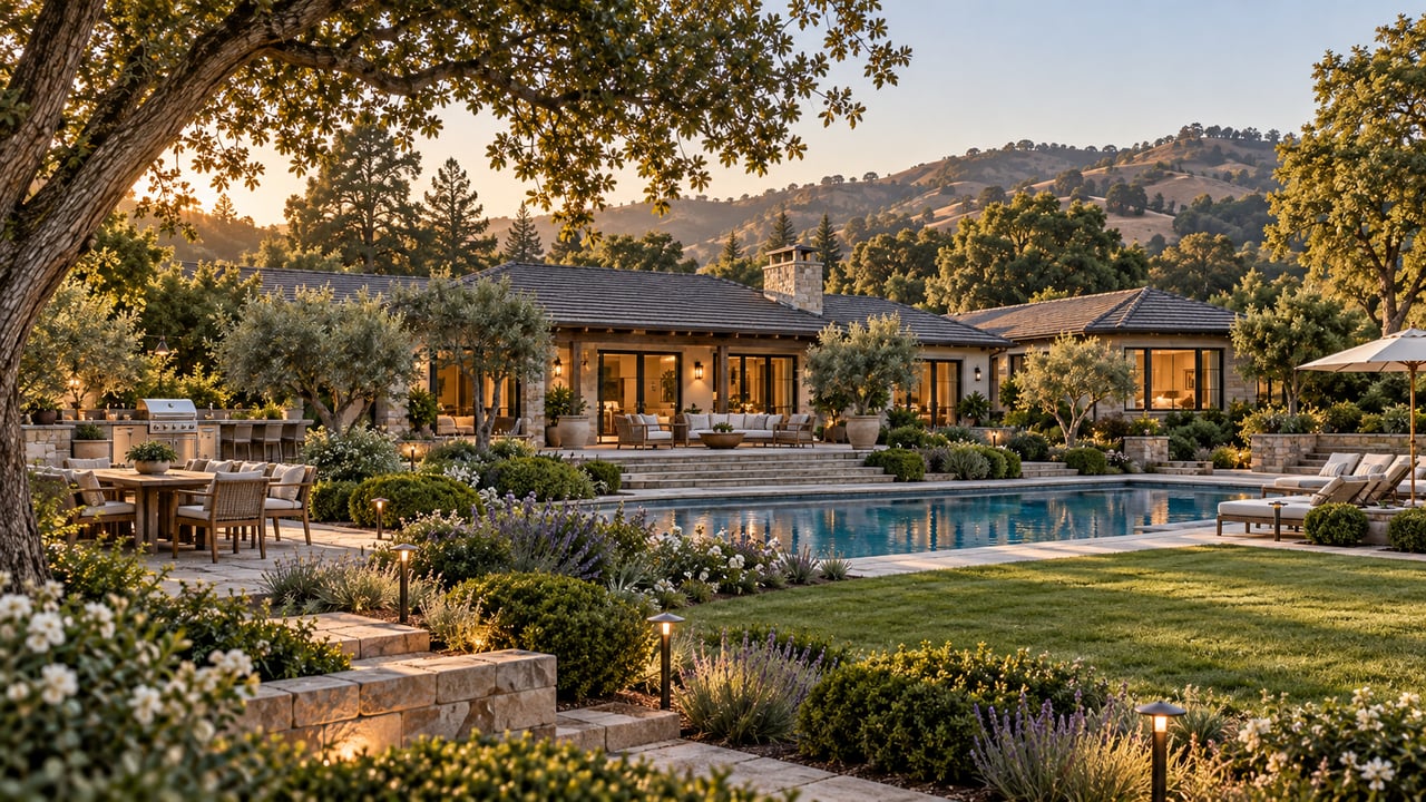 Single-story home with a landscaped pool, stone patio, and rolling hills at golden hour.