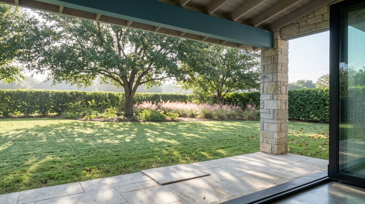Limestone patio opens onto a live-oak-shaded lawn, with cedar rafters overhead and a clipped hedge beyond.
