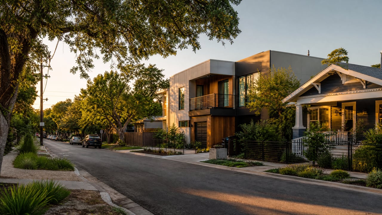 Modern two-story home and neighboring bungalow on a tree-lined residential street at golden hour.