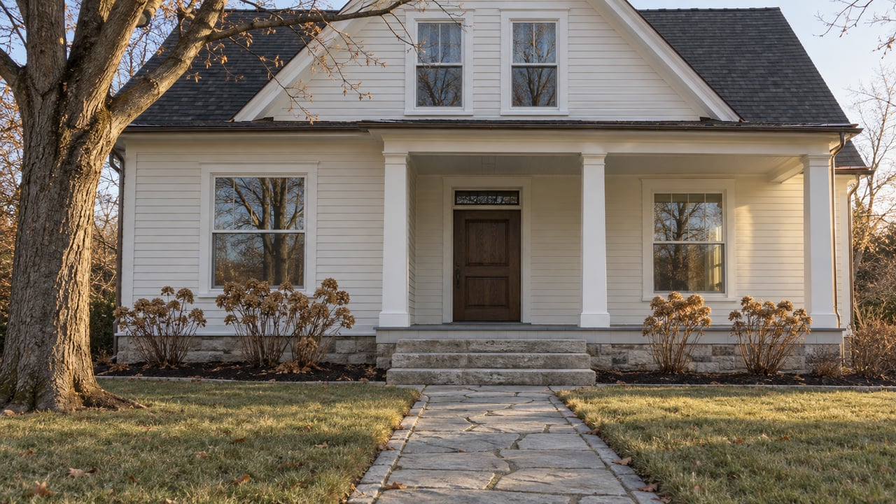 Restored ivory clapboard home with a limestone front walk, covered porch and bare sugar maple in crisp late-autumn light.