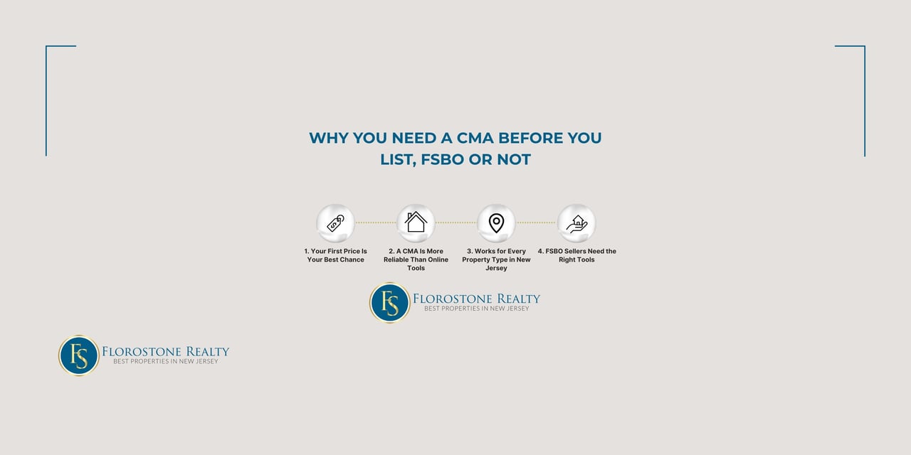 Florostone Realty graphic showing 4 reasons to get a CMA before listing, FSBO or not: price accuracy, better than online tools, works for every property type in New Jersey, FSBO sellers need the right tools