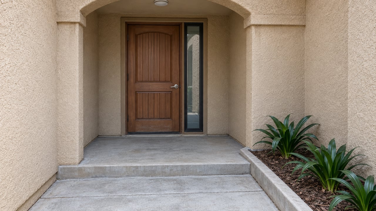 Recessed tan stucco entry with a closed warm wood door, narrow sidelight, worn concrete step, and three leafy clivia plants.