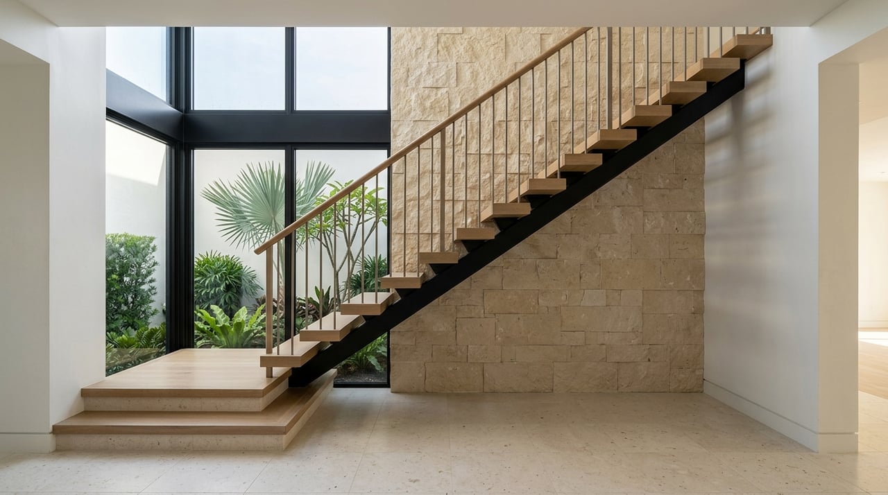Double-height foyer with a limestone feature wall, black steel railing, oak stairs, and a view of courtyard plants.