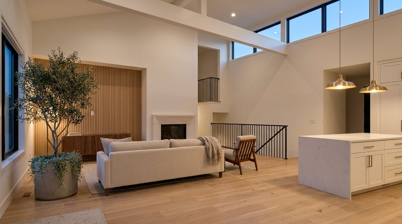 Double-height great room with an oatmeal sofa, white limestone fireplace, black stair railing, and brass pendants above a kitchen island.