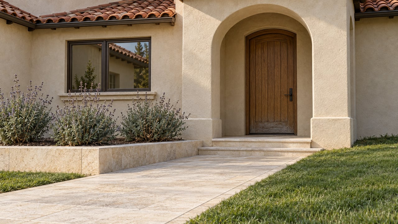 Warm stucco home with a terracotta roof, arched oak entry, pale stone walkway, and silver-green sage planting.