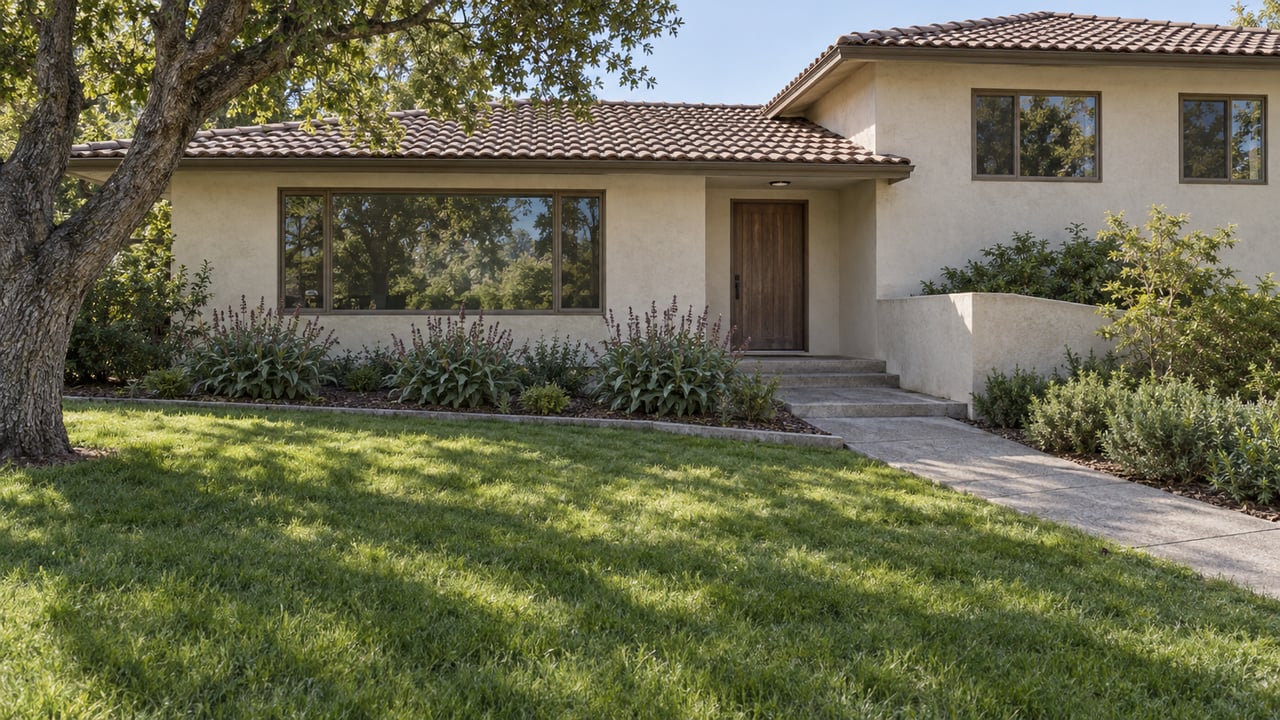 A sunlit split-level stucco home beyond a broad lawn, with bronze-framed windows, a cedar entry door and a mature oak.