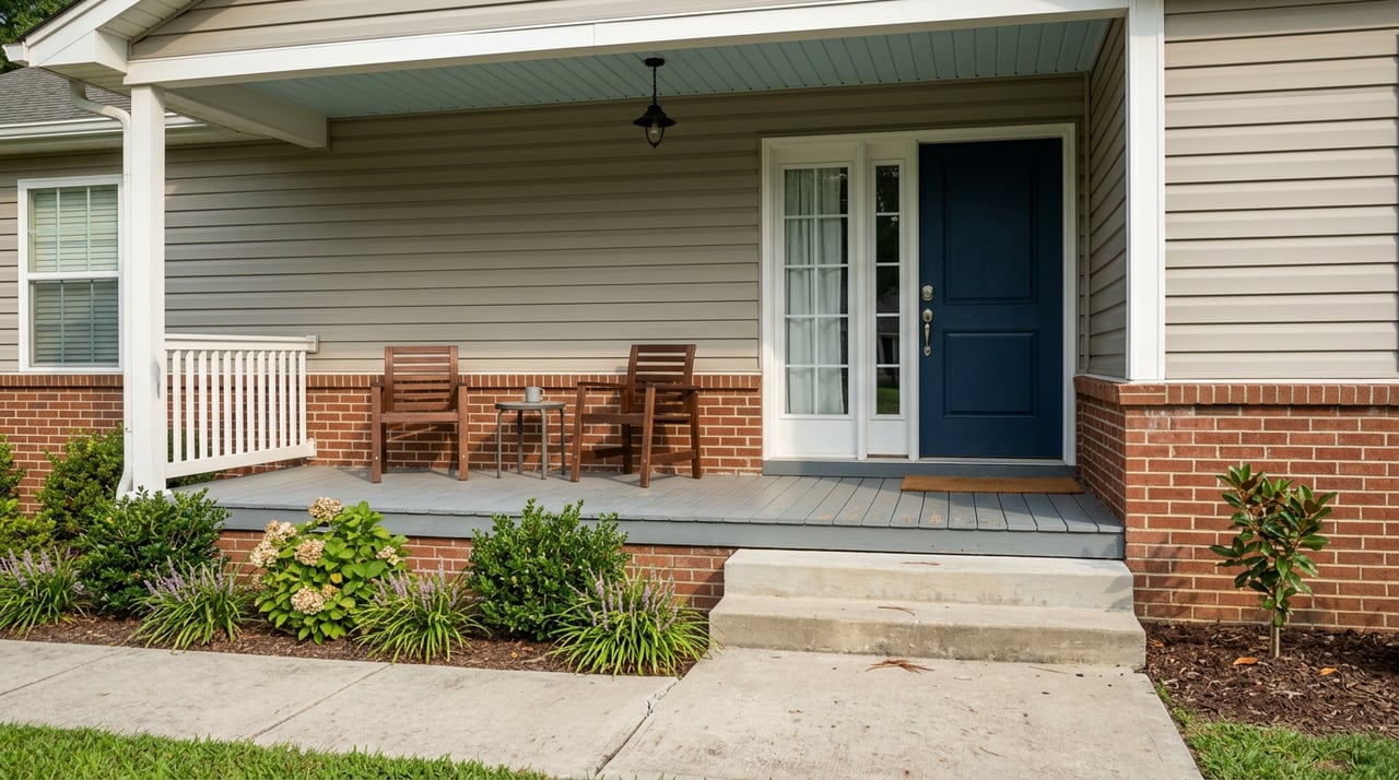 Suburban porch with a navy front door, two slat-back chairs, and late-summer blooms beside the steps.