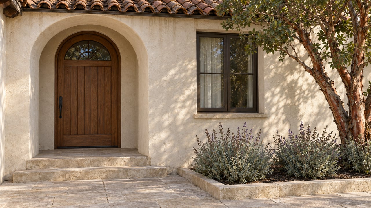 Sunlit stucco home entrance with an arched oak door, clay roof tiles, limestone steps and a sculptural strawberry tree.