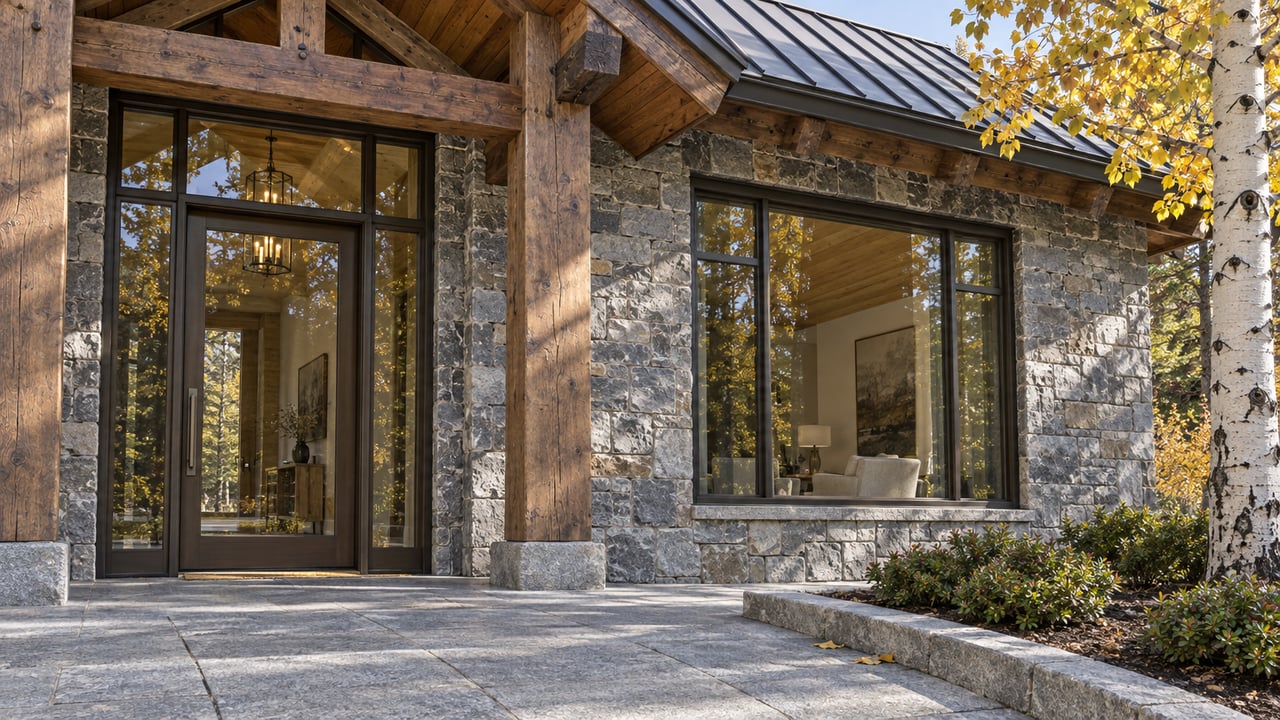 Sunlit timber-gabled home entrance with gray stone walls, bronze-framed glazing, granite paving and golden aspen foliage.