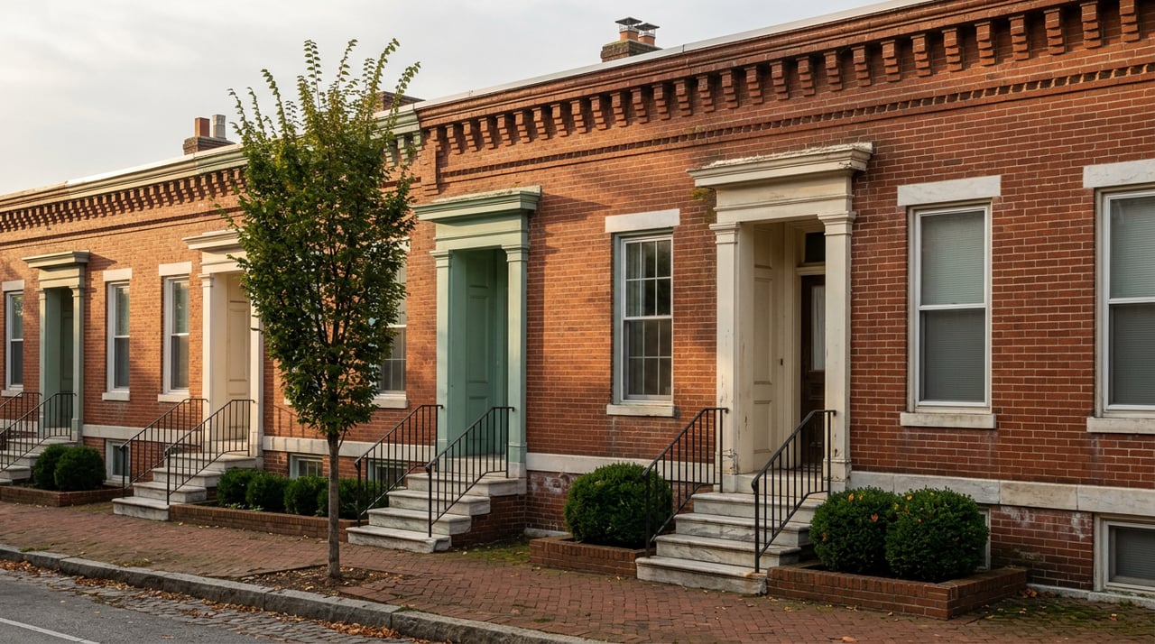 Three attached brick rowhouses with seafoam porch trim, marble stoops, iron railings, and an elm dropping autumn leaves.
