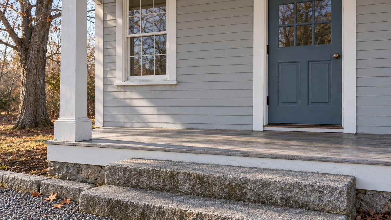 A blue paneled door and divided-light window above a weathered wood porch and broad granite steps in autumn sunlight.