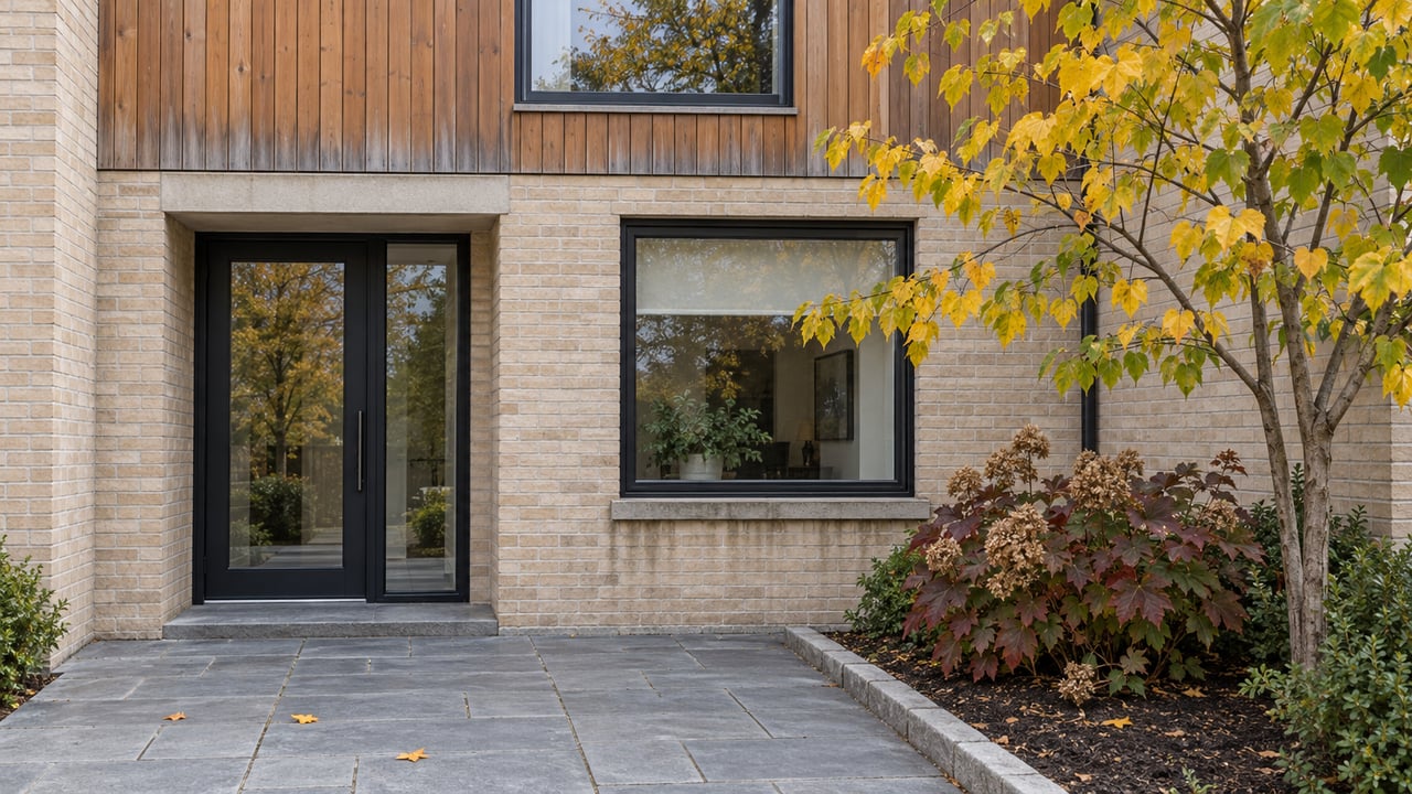 Contemporary residential entrance with buff brick, cedar siding, black-framed windows and autumn planting beside a bluestone walk.