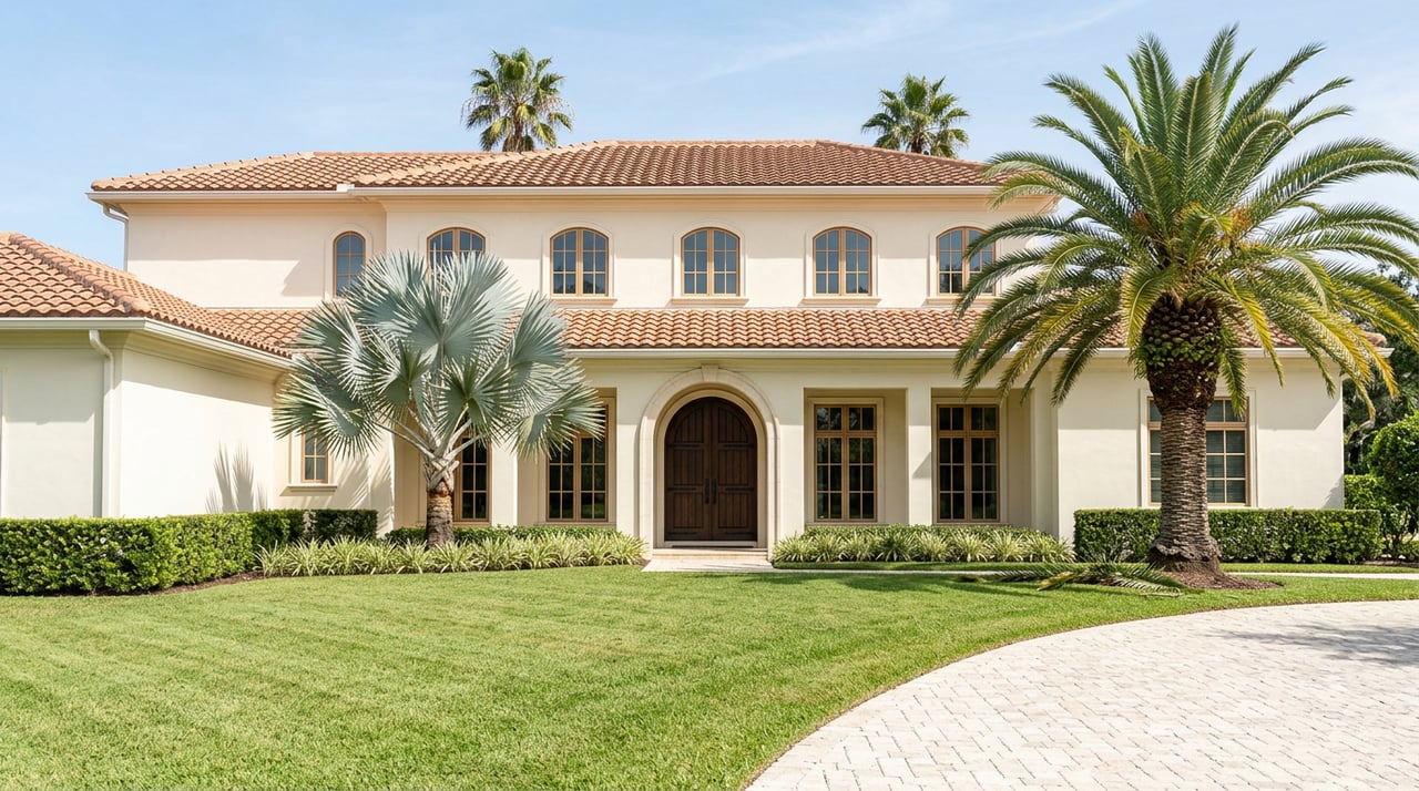 Ivory stucco estate with terracotta roof, arched windows, paired entry doors, palm trees, and a broad lawn.