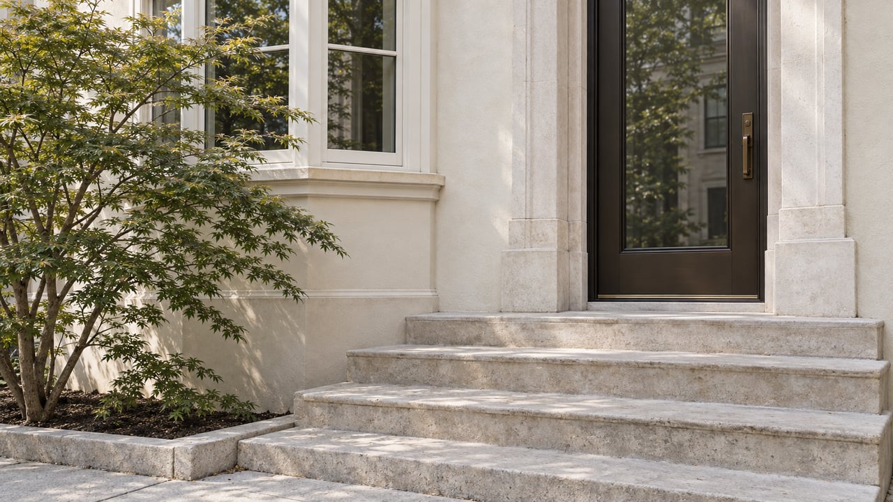 Ivory townhouse facade with a glazed bronze entry door, limestone steps, and a leafy maple beside a bay window.