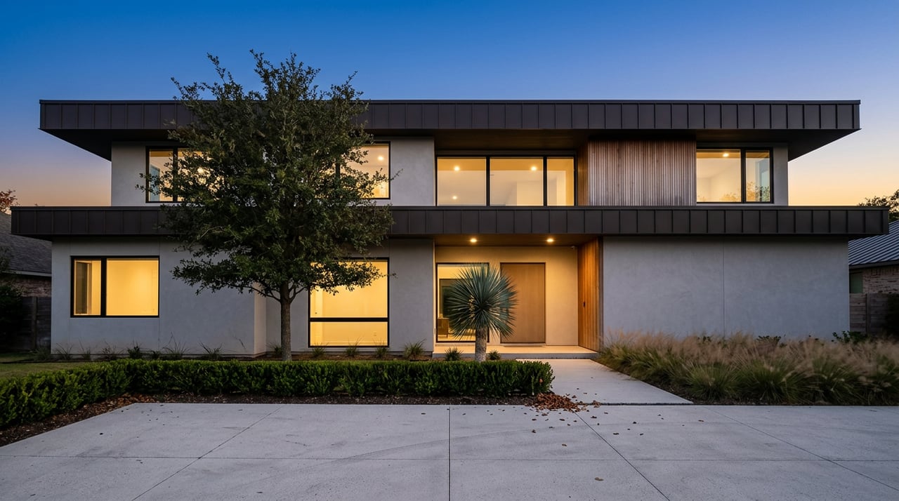 Contemporary flat-roof home with warm glowing windows, cedar accent wall, and a live oak beside the motor court.