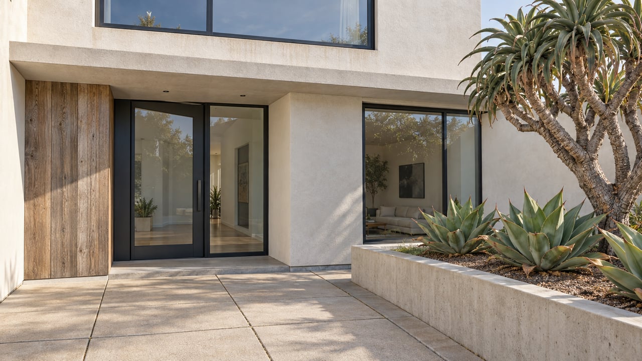 Contemporary pale-stucco home with dark-framed glazing, a cedar entry panel and sculptural succulents beside a compact paved approach.