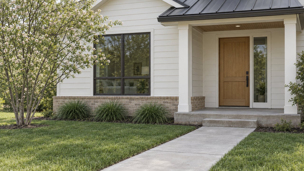 Warm white house with oak front door, broad sidelight, brick base, concrete walk, and airy multi-stem tree.
