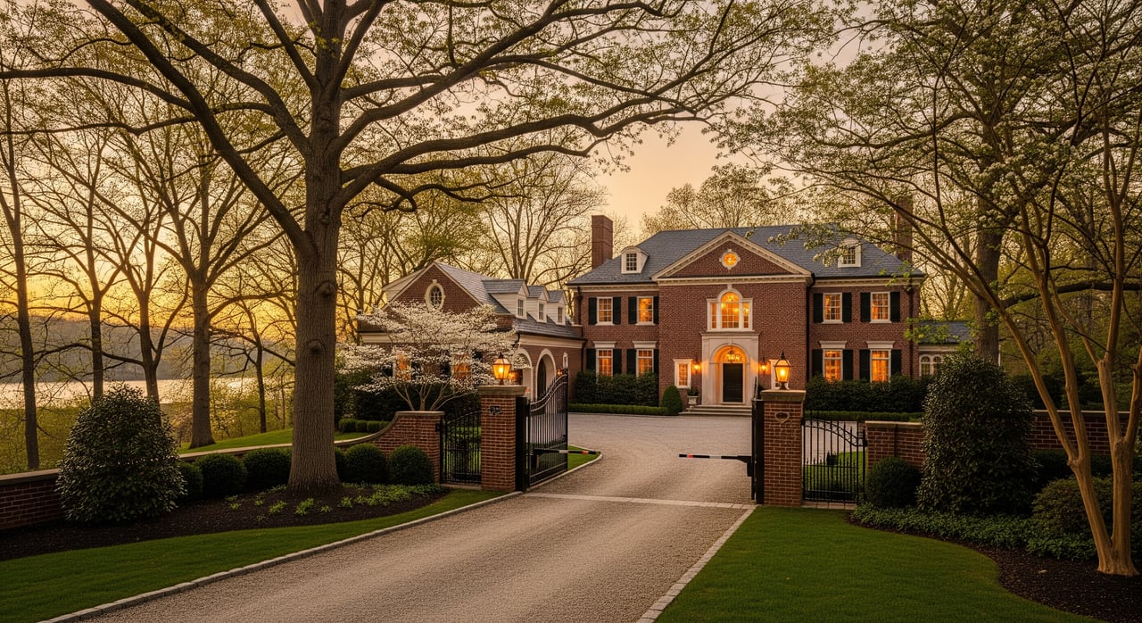 Large brick estate house with glowing windows, seen through open iron gates beneath arching trees.