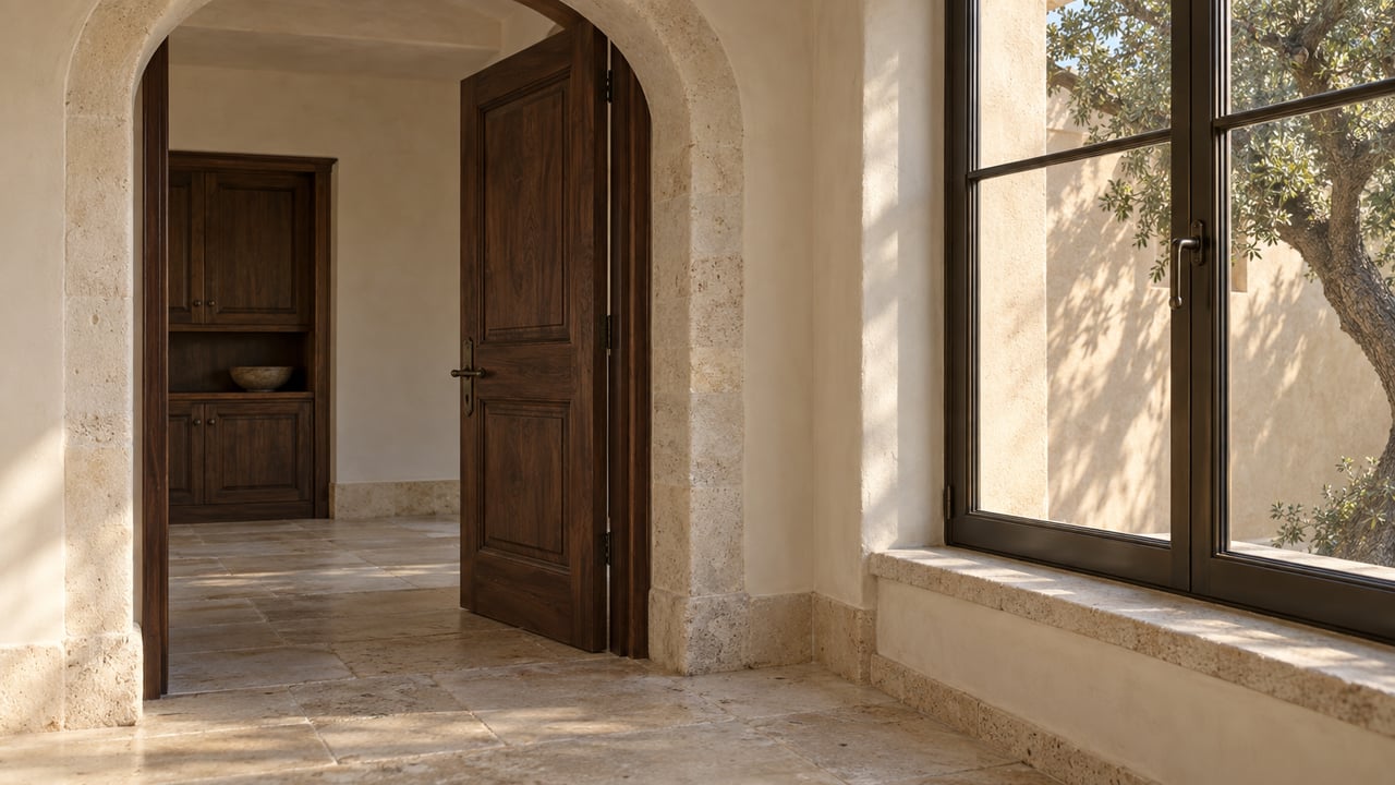 Open walnut door beneath a plaster arch, beside a glass casement overlooking a stucco courtyard and oak canopy.