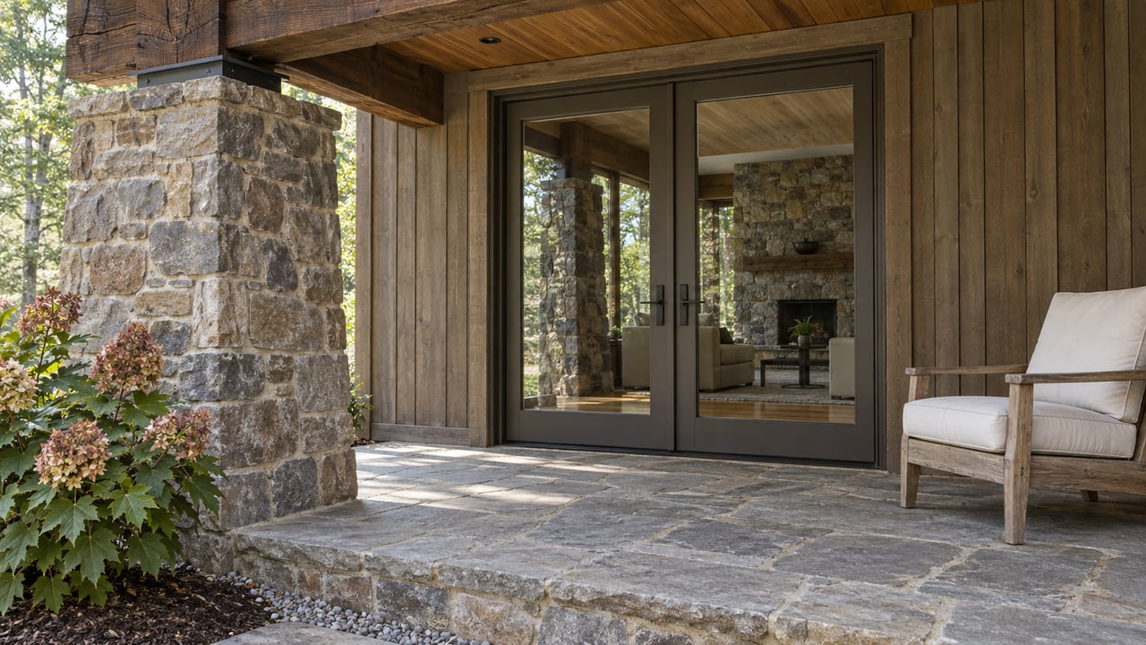 Timber-beamed porch with a fieldstone pier, bronze-framed glass doors, weathered teak chair and oakleaf hydrangea beside a raised flagstone floor.
