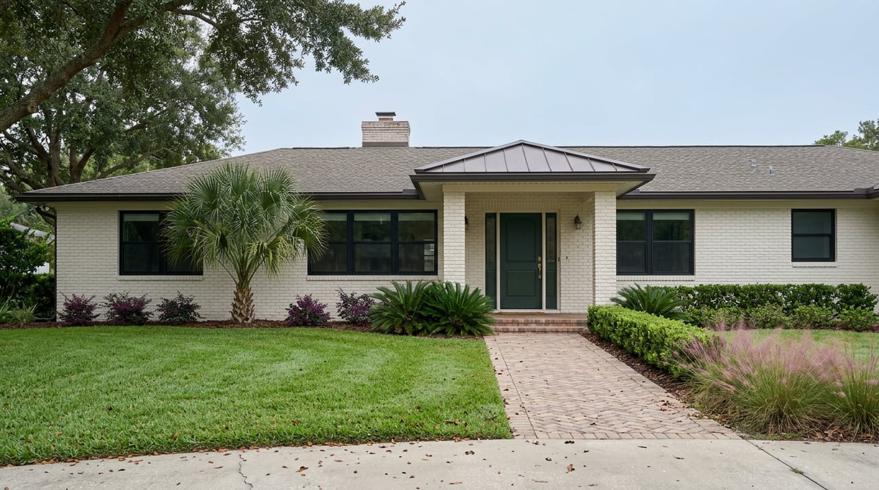White brick home with a green front door, paver walkway, manicured lawn, and live oak canopy.