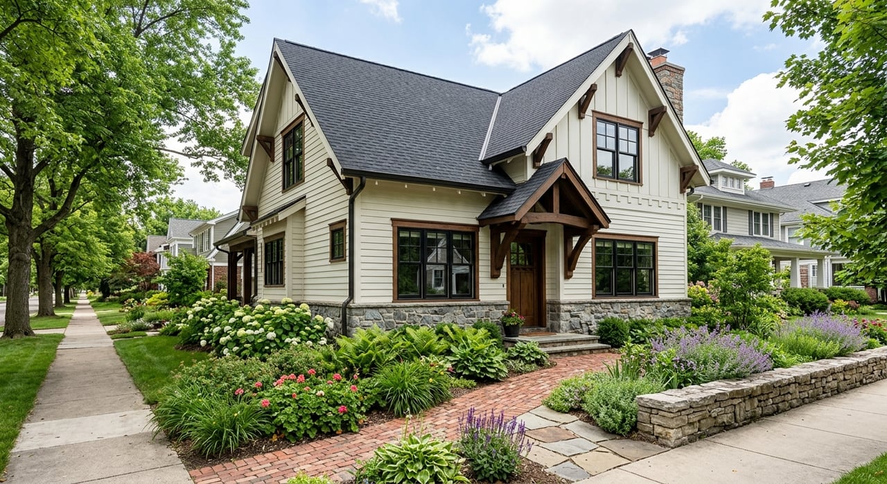 White-sided cottage with a stone foundation, bluestone stoop, leafy garden, and brick-and-flagstone path.