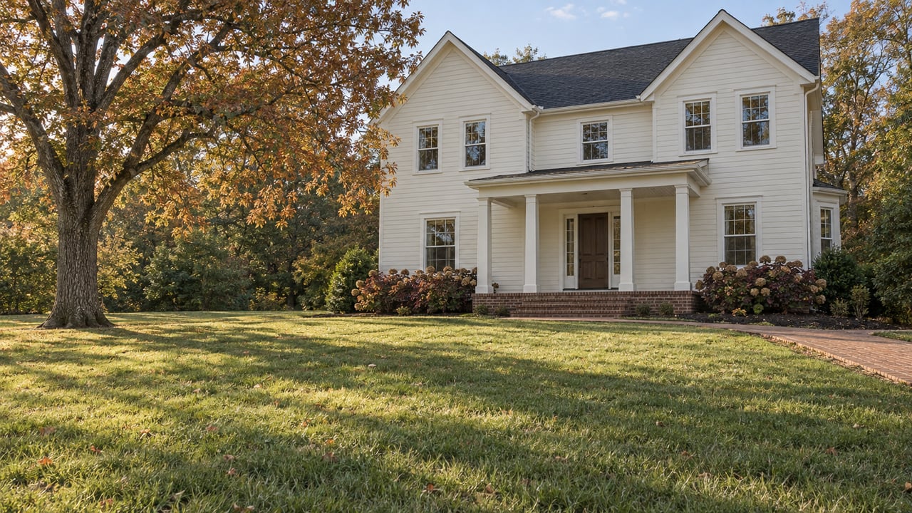 Traditional two-story clapboard home with brick foundation and covered porch, viewed across a deep autumn lawn beside a mature oak.