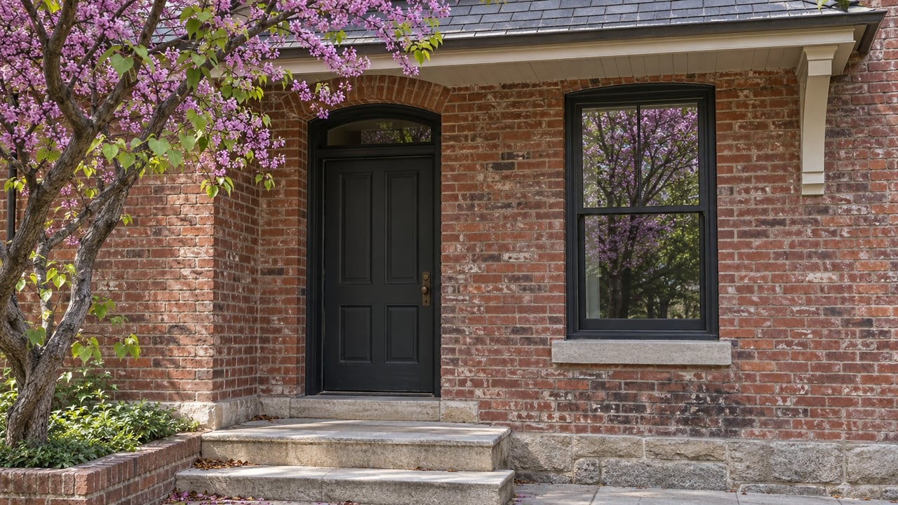 Weathered red-brick home entrance with dark wood door, tall window, limestone steps, and redbud branches.