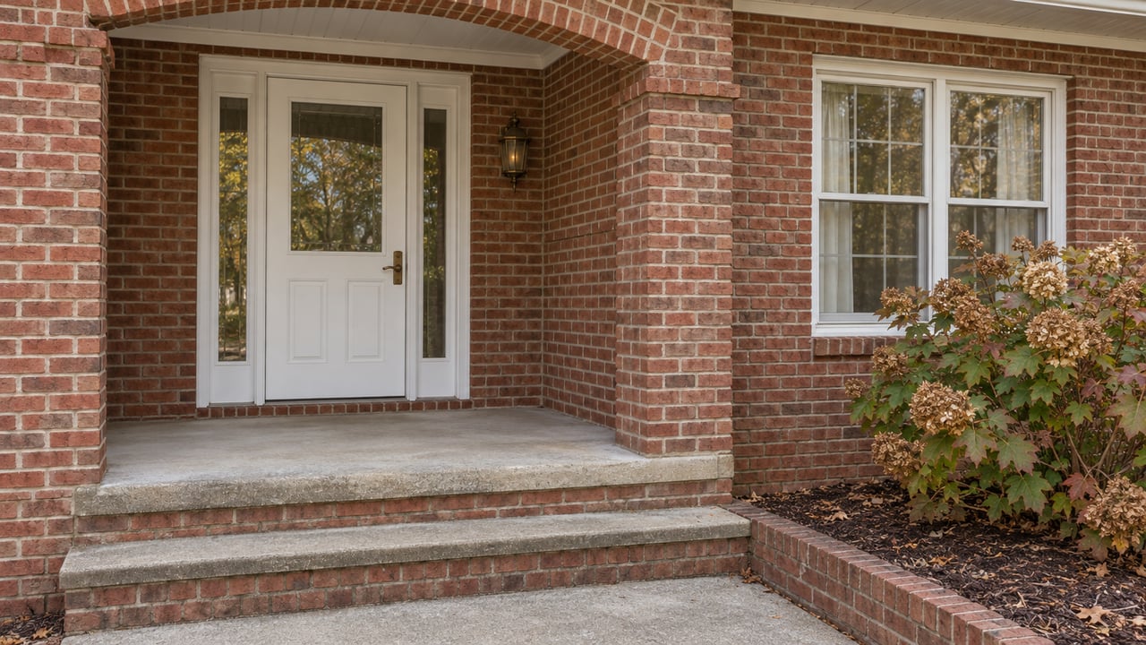 Red brick home entry with a white glazed door, worn concrete steps and oakleaf hydrangea turning bronze.
