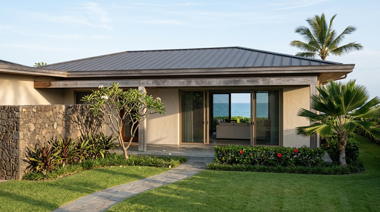 Single-story coastal home with a charcoal metal roof, basalt entry wall, stone path, and fan palm beside a sliver of ocean.