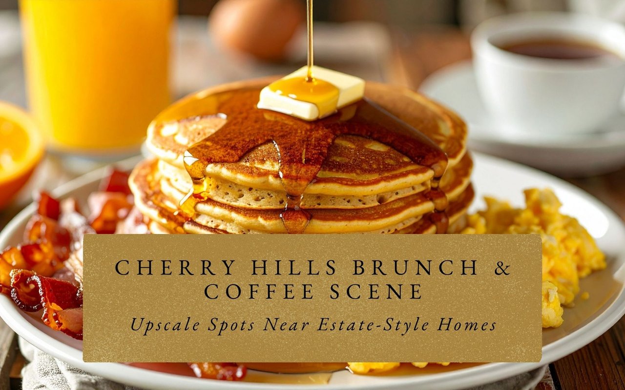 Elegant brunch table set with pancakes, eggs Benedict, and coffee inside an upscale restaurant near Cherry Hills Village, Colorado