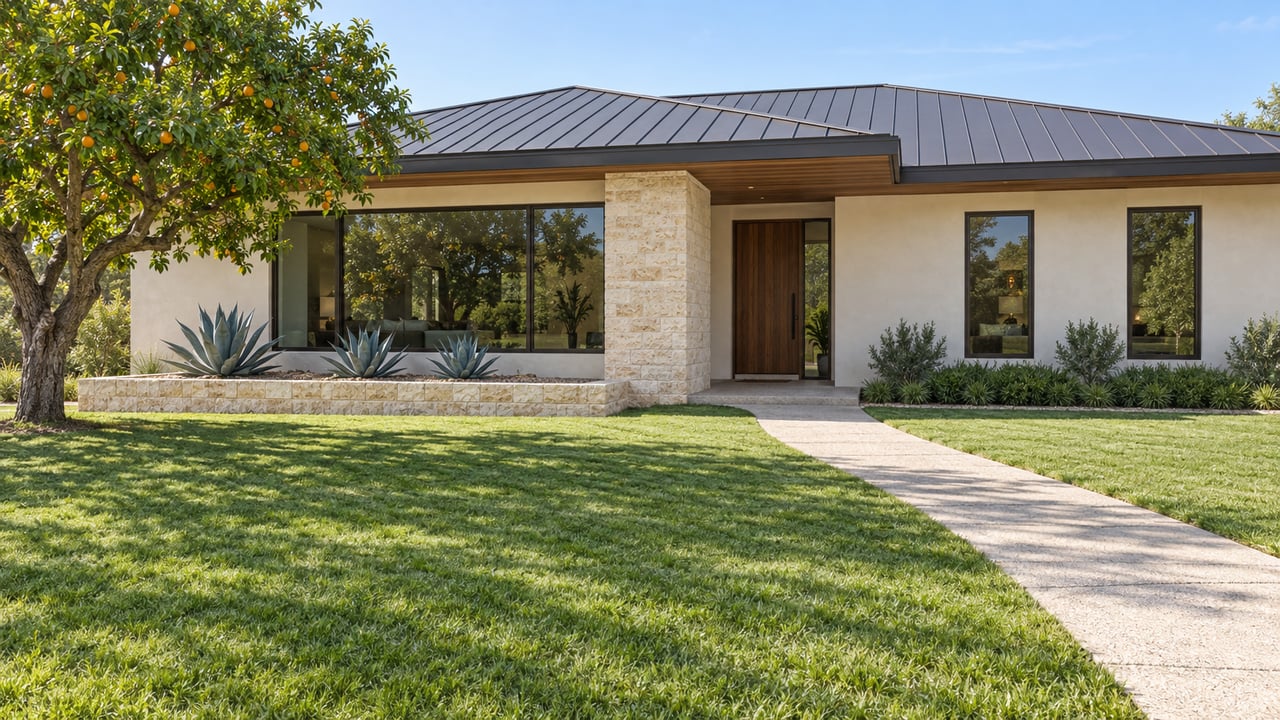 A low-roof stucco home with bronze-framed windows, a broad green lawn, a mature orange tree, and a pale concrete approach.