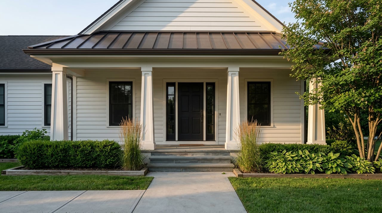 White clapboard entry with tapered columns, dark paneled door, bluestone steps, and a serviceberry tree.