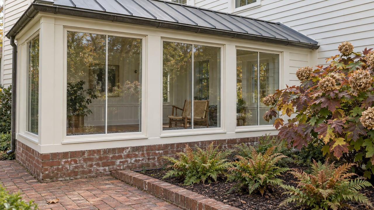 A pale clapboard home's enclosed garden room with tall windows, weathered brick paving, oakleaf hydrangea and autumn ferns.