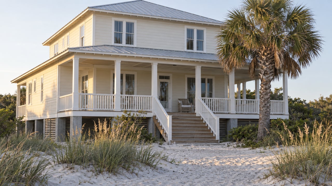 Elevated coastal house with a full-width porch, sandy approach, dune grass, and a sabal palm.